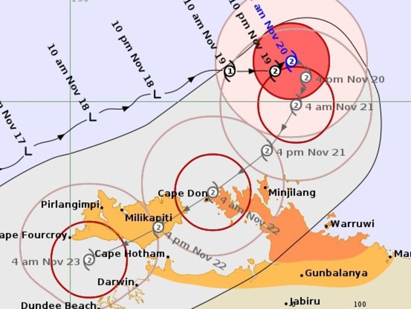 The tropical cyclone is forecast to impact parts of the Top End on Thursday. Picture: Bureau of Meteorology