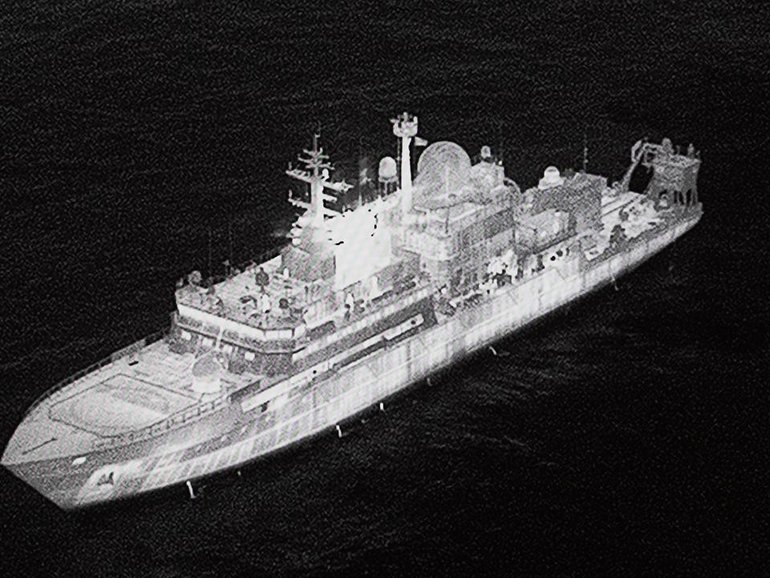 The Russian spy ship Yantar has used lasers to disrupt RAF pilots, the UK defence minister says. (AP PHOTO)