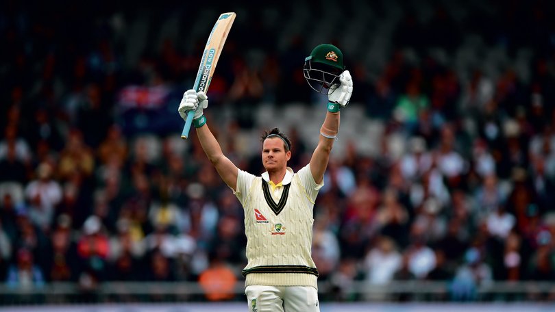Steve Smith celebrates after reaching his century during day two of the 4th Ashes Test Match between England and Australia on September 5, 2019 in Manchester, England. 