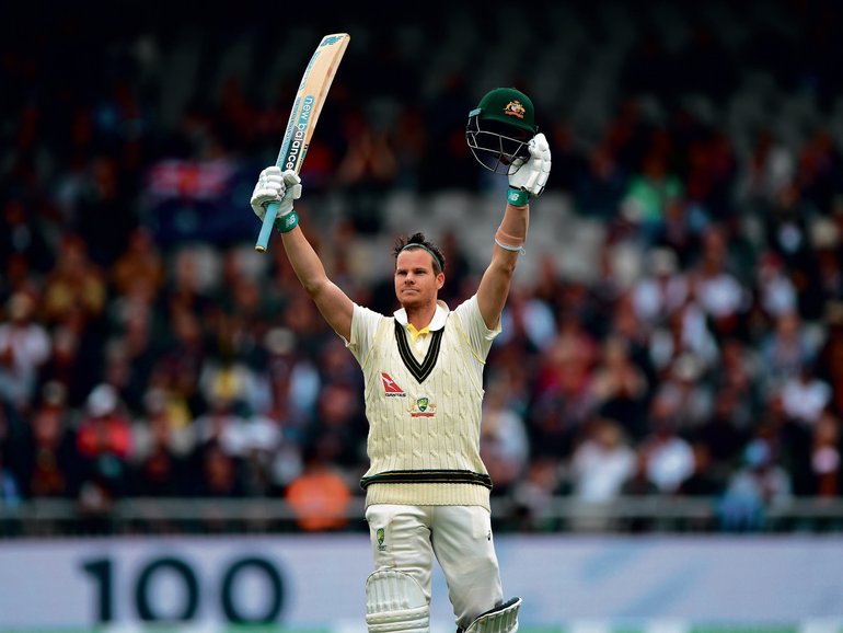 Steve Smith celebrates after reaching his century during day two of the 4th Ashes Test Match between England and Australia on September 5, 2019 in Manchester, England. 