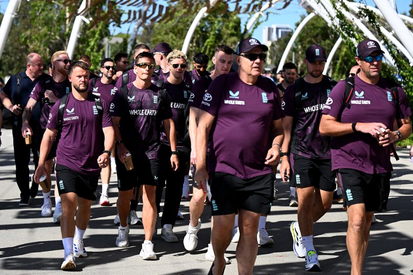PERTH, AUSTRALIA - NOVEMBER 21: England arrive ahead of day one of the First 2025/26 Ashes Series Test Match between Australia and England at Perth Stadium on November 21, 2025 in Perth, Australia. (Photo by Gareth Copley/Getty Images)