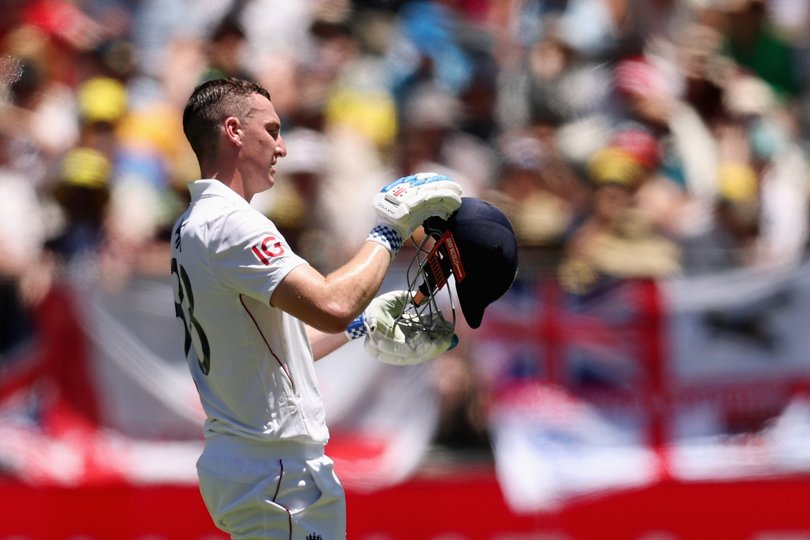 PERTH, AUSTRALIA - NOVEMBER 21: Harry Brook of England removes his helmet during day one of the First 2025/26 Ashes Series Test Match between Australia and England at Perth Stadium on November 21, 2025 in Perth, Australia. (Photo by Cameron Spencer/Getty Images)