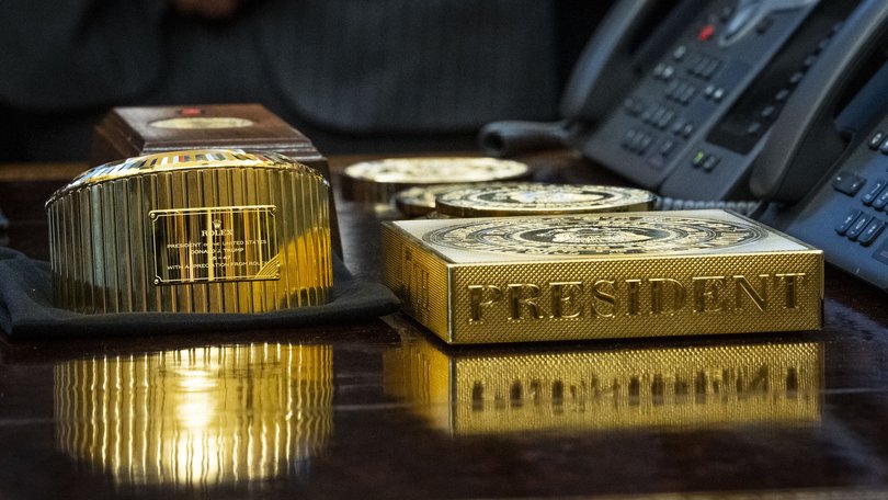 A Rolex clock on President Donald Trump’s desk in the Oval Office of the White House in Washington, Nov. 10, 2025.