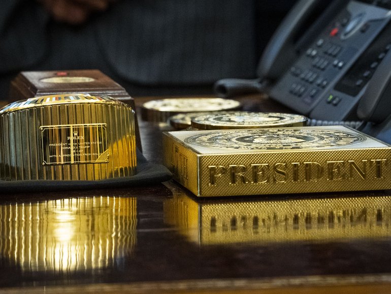 A Rolex clock on President Donald Trump’s desk in the Oval Office of the White House in Washington, Nov. 10, 2025.