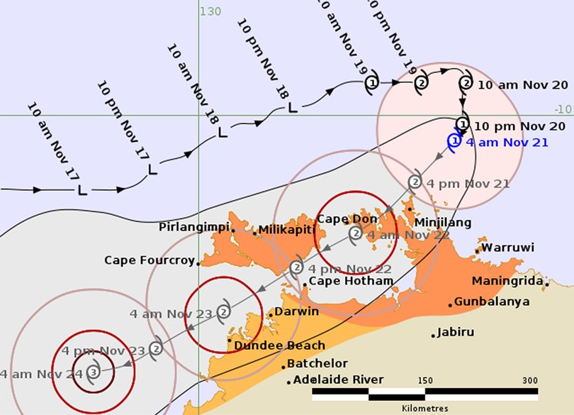 The forecast track of Tropical Cyclone Fina in the Northern Territory.