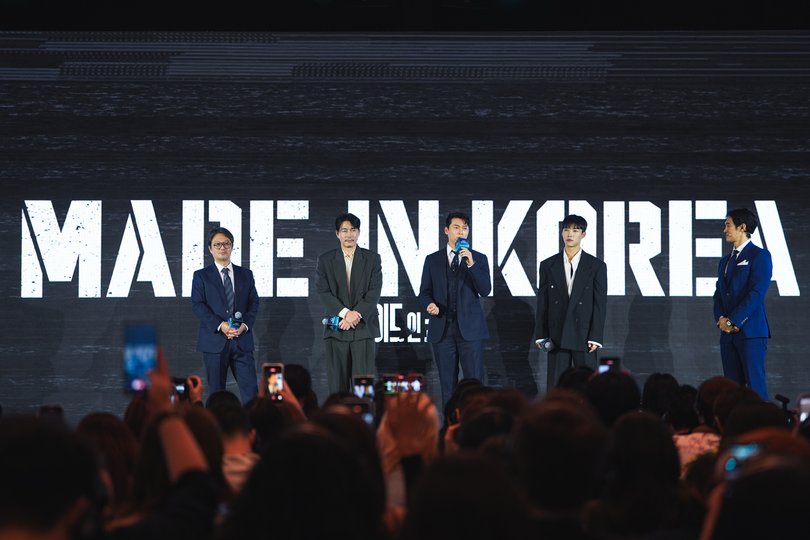 Cast of Made in Korea Hyun Bin, Jung Woosung, Woo Dohwan, and director Woo Minho.