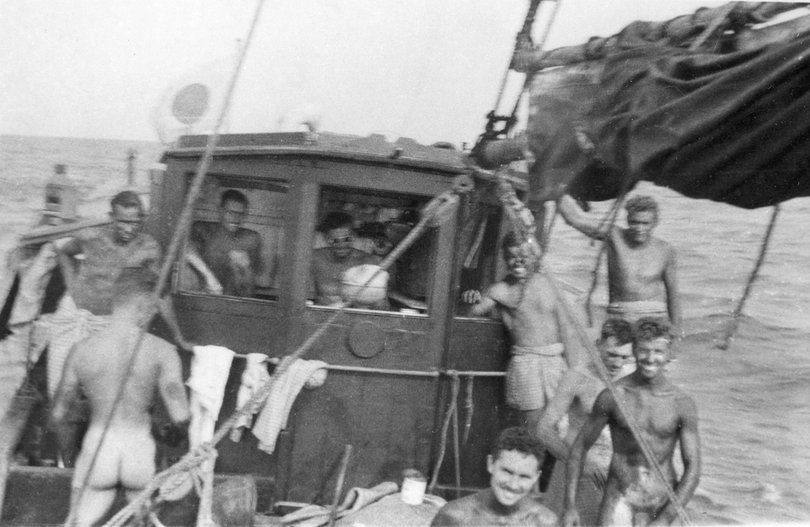 Operation Jaywick operatives apply the dreaded dye, provided by the cosmetics company Helena Rubinstein, all over their bodies on board MV Krait on approach to enemy-held waters and the Lombok Strait