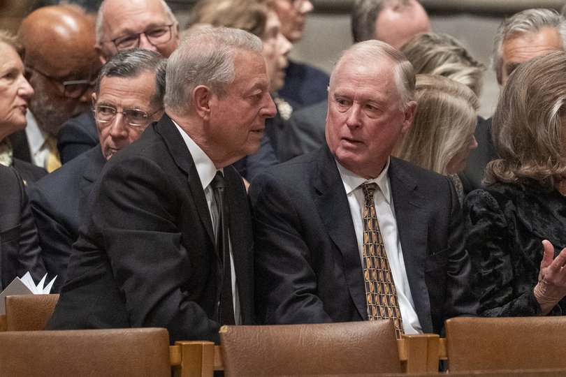 Former Vice President Al Gore, left, and former Vice President Dan Quayle attend the funeral service for former Vice President Dick Cheney.