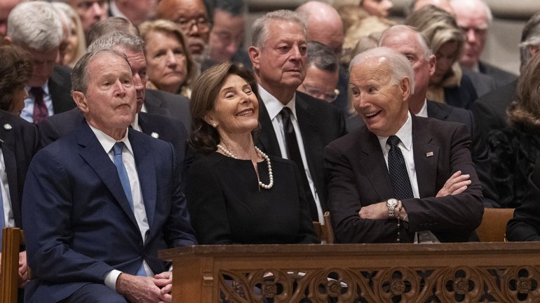 Former President George W. Bush, former first lady Laura Bush and former President Joe Biden attend the funeral service for former Vice President Dick Cheney at the National Cathedral in Washington, on November 20, 2025. 