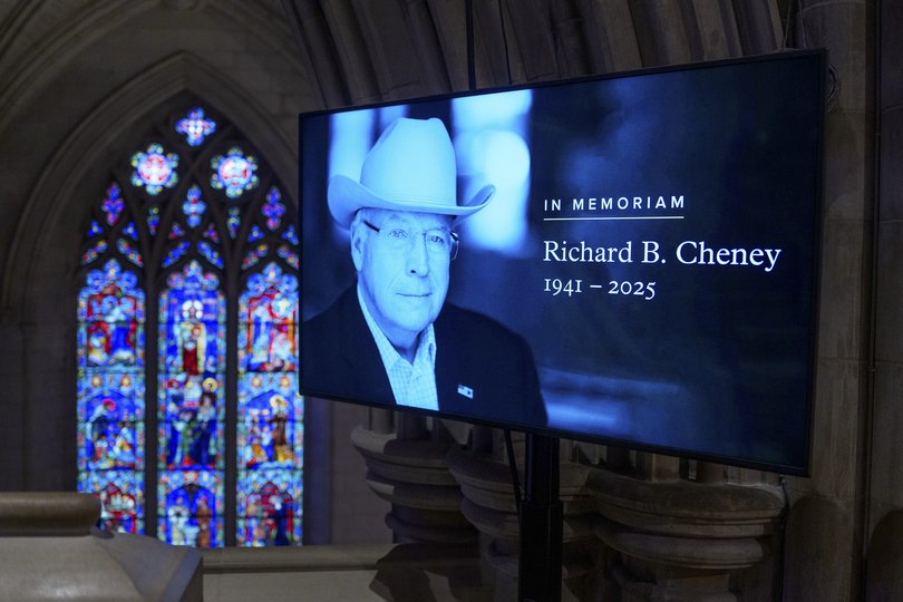 A television displays a memorial message for Vice President Dick Cheney ahead of his funeral service at the National Cathedral in Washington, on Thursday, Nov. 20, 2025. An unlikely mix of Republicans and Democrats came together on Thursday to pay tribute to former Vice President Dick Cheney, who helped shape the nation’s aggressive response to terrorism after Sept. 11, 2001, and transformed his office into a powerful platform to drive policy. (Aaron Schwartz/The New York Times) 