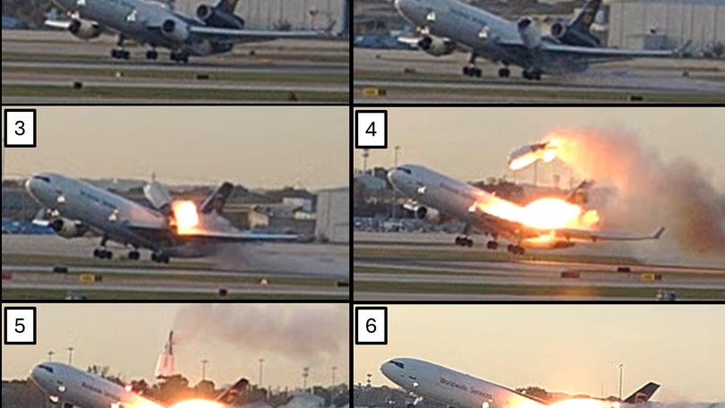This combination photo provided by the National Transportation Safety Board (NTSB) via UPS shows a sequence of framegrabs made from video where an engine is seen detaching from the plane's left wing upon take-off.