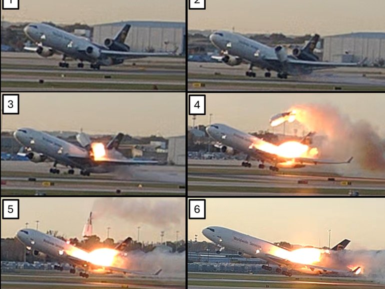 This combination photo provided by the National Transportation Safety Board (NTSB) via UPS shows a sequence of framegrabs made from video where an engine is seen detaching from the plane's left wing upon take-off.