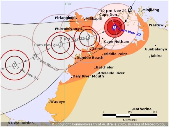 Destructive wind gusts are hammering remote communities in the Top End as tropical cyclone Fina strengthens while sweeping back over water and threatening Darwin.