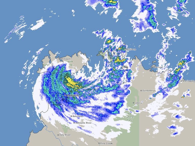 Cyclone Fina is expected to pass just north of Darwin, bringing heavy rain and gale-force winds. (HANDOUT/BUREAU OF METEOROLOGY)