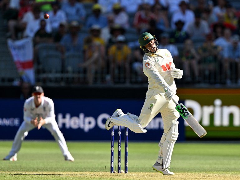 Australia’s Usman Khawaja had to bat at No.4 after leaving the field with back spasms.