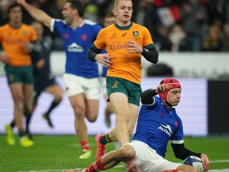 Brilliant winger Louis Bielle-Biarrey (r) was inspirational in France's win over the Wallabies. (AP PHOTO)