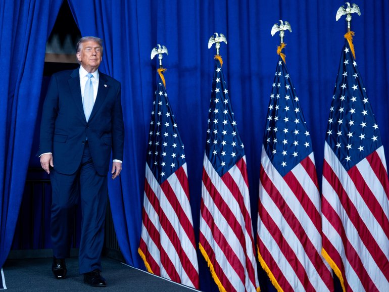 President Donald Trump arrives to speak at a conference in Washington on Monday, Nov. 17, 2025. While Trump has suggested at times he was willing to bolster support for Ukraine, he has gravitated back repeatedly to RussiaÕs demands. (Allison Robbert/The New York Times)