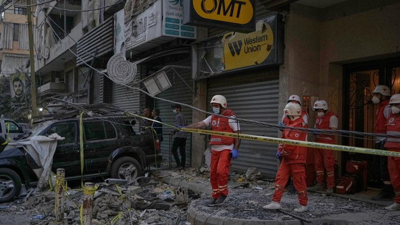 The strike hit an apartment building on Beirut's southern outskirts. (AP PHOTO)
