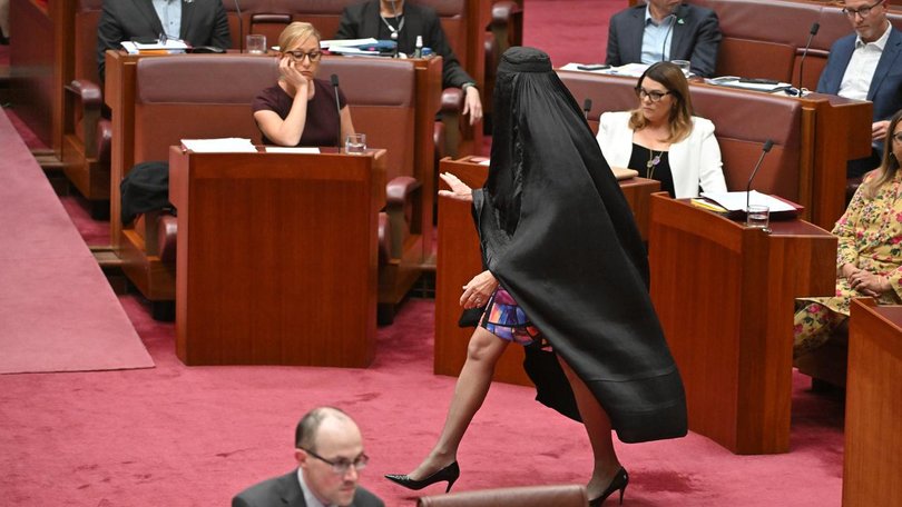 Pauline Hanson has worn a burqa in the Senate chamber for a second time. (Mick Tsikas/AAP PHOTOS)