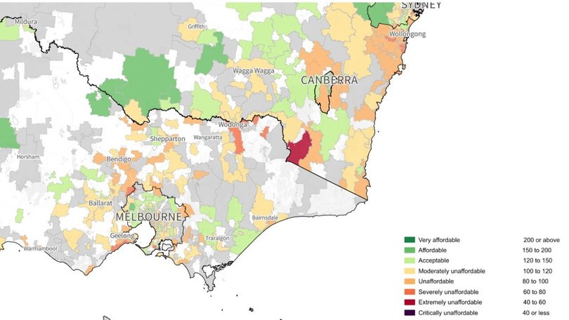 Areas in orange and red show the affordability crisis in Australia. Picture: Supplied