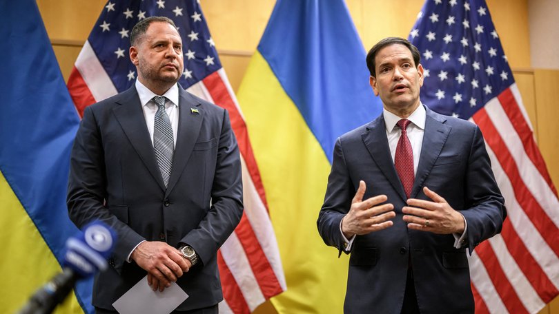 Ukraine's Presidential Office Chief of staff Andriy Yermak and US Secretary of State Marco Rubio hold a press conference following their closed-door talks on a US plan to end the war in Ukraine at the US Mission in Geneva.