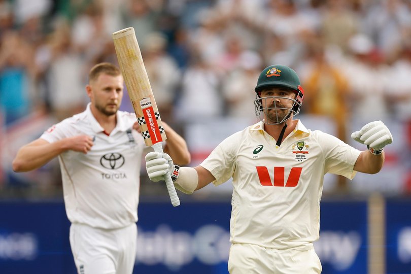  Travis Head raises his bat after scoring a century. Insets, left, Mitchell Starc celebrates one of his seven first-inning wickets, and below, dejected England captain Ben Stokes.
