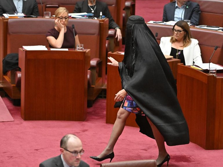 One Nation Leader Pauline Hanson has worn a burqa in the Senate chamber for a second time. (Mick Tsikas/AAP PHOTOS)