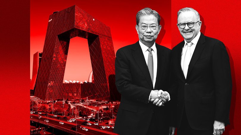 Zhao Leji shaking hands with Anthony Albanese and, left, CCP headquarters in Beijing.