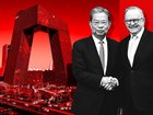 Zhao Leji shaking hands with Anthony Albanese and, left, CCP headquarters in Beijing.