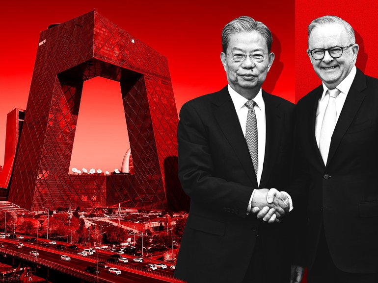 Zhao Leji shaking hands with Anthony Albanese and, left, CCP headquarters in Beijing.