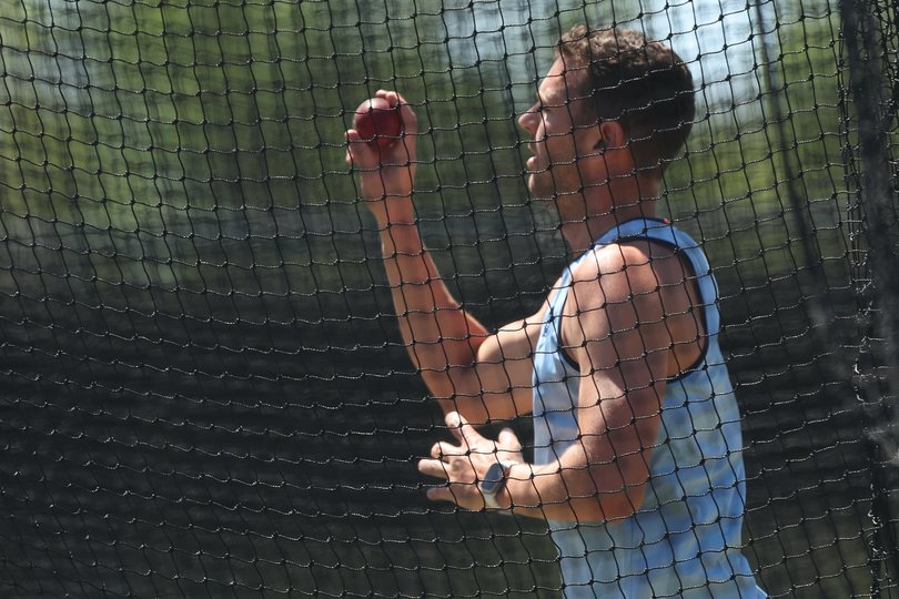 Josh Hazlewood bowls during a practice session at Cricket Central on Tuesday.