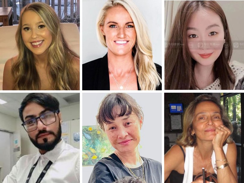 Bondi stabbing victims (top l-r) Dawn Singleton, Ashlee Good, Cheng Yixuan, (bottom l-r) Faraz Ahmed Tahir, Jade Young and Pikria Darchia.