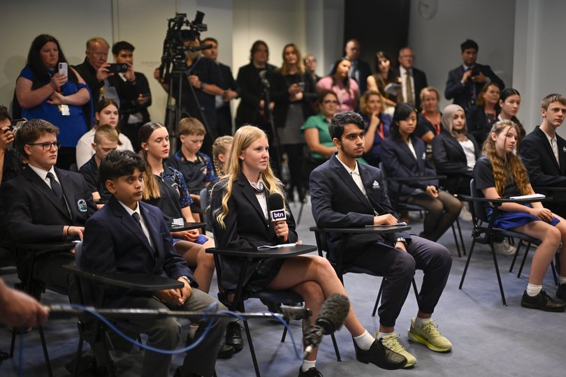 Minister for Communications, Anika Wells and Prime Minister Anthony Albanese hold a mock press conference for BTN with students from around Australia ahead of the the under 16 social media ban at Parliament House in Canberra. 