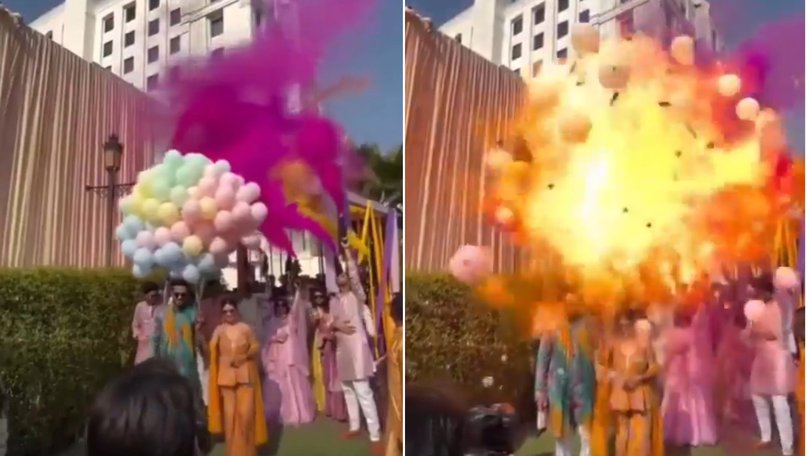 A couple have been left severly burned after balloons exploded above them at their wedding.