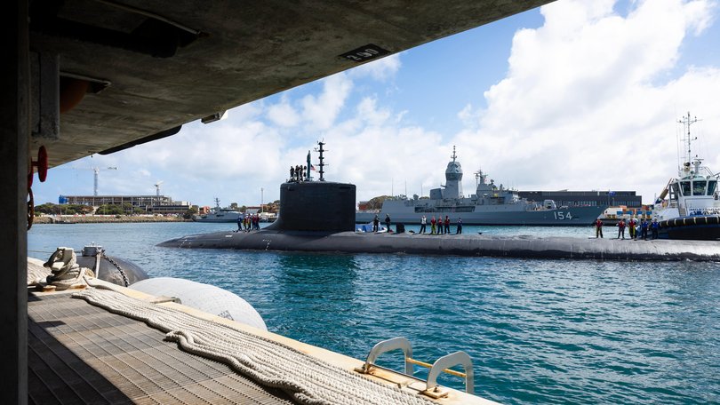 The Virginia-class fast-attack submarine USS Vermont  at HMAS Stirling in Western Australia. 