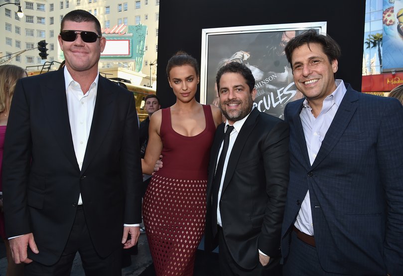 Brett Ratner (second from right) with former business partner James Packer, actress Irina Shayk, president of MGM Pictures Film Division Jonathan Glickman in 2014. (Photo by Alberto E. Rodriguez/WireImage)