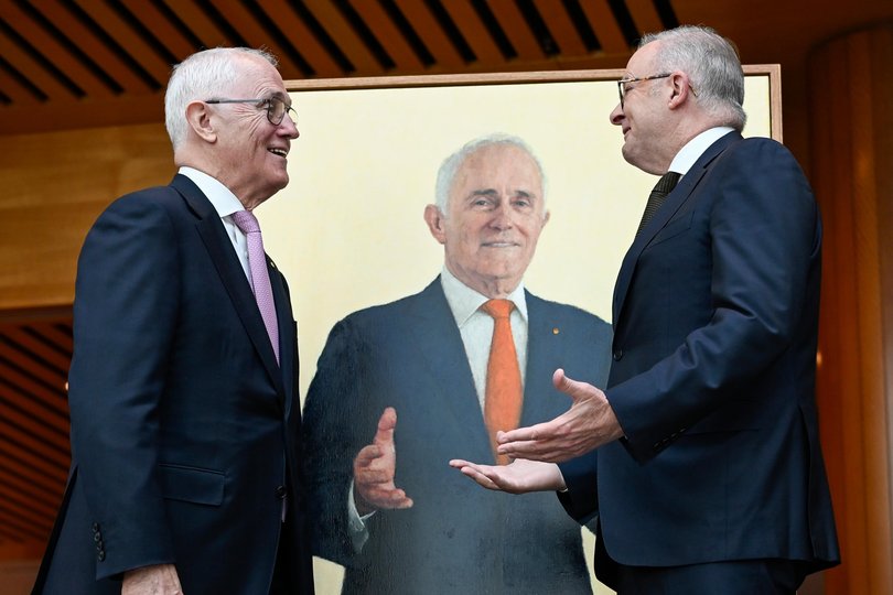 Prime Minister Anthony Albanese and former PM Malcolm Turnbull at the unveiling of official prime ministerial portrait.