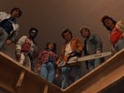 Finn Wolfhard as Mike Wheeler, Caleb McLaughlin as Lucas Sinclair, Natalia Dyer as Nancy Wheeler, Joe Keery as Steve Harrington, Charlie Heaton as Jonathan Byers, and Gaten Matarazzo as Dustin Henderson (L-R).
