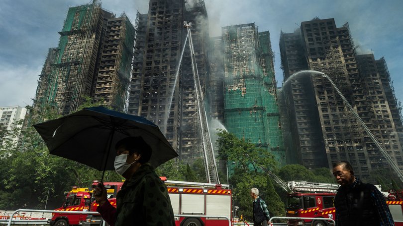 Smoke rises from a residential complex in Tai Po, Hong Kong on Nov. 27, 2025.