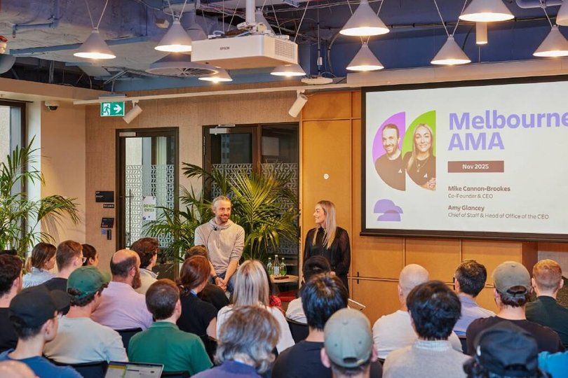 Mike Cannon Brookes addresses staff at Atlassian Melbourne HQ. pic via LinkedIn