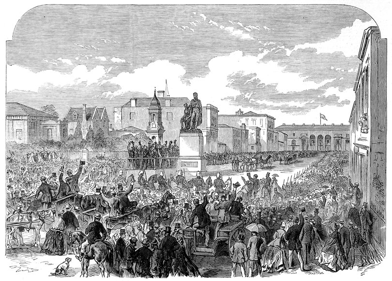 Engraving showing the Inauguration of the Burke and Wills Monument in Melbourne, 21st April 1865. 