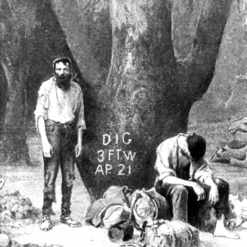 An illustration of Burke and Wills at the Dig Tree at Coopers Creek.