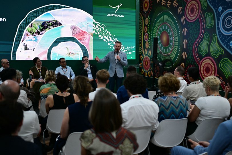 The Minister for Climate Change and Energy of Australia, Chris Bowen, speaks at Australia's pavilion during the COP30 UN Climate Change Conference in Belem, Para State, Brazil, on November 17, 2025. 