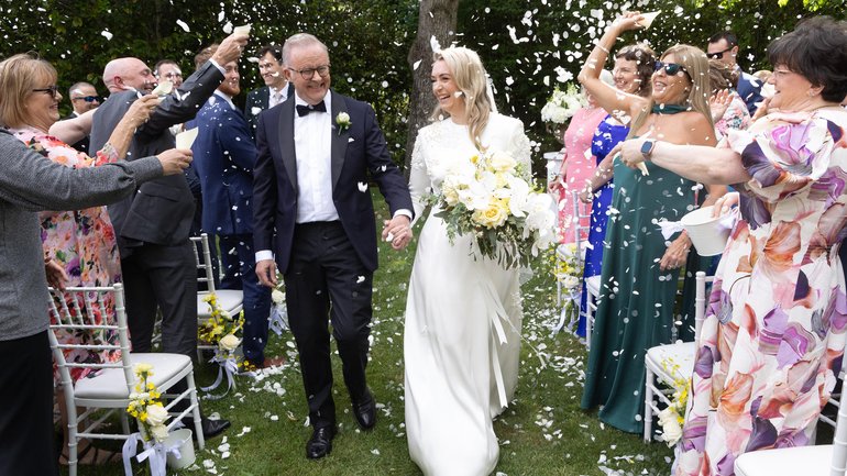 The Prime Minister Anthony Albanese and Jodie Haydon walk down the aisle after getting married today in Canberra.Photograph by Mike Bowers Mike Bowers