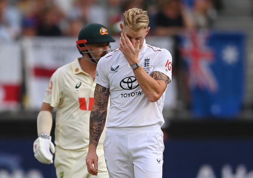 Ben Stokes of England reacts after a Travis Head four during day two of the First 2025/26 Ashes Series Test Match between Australia and England.