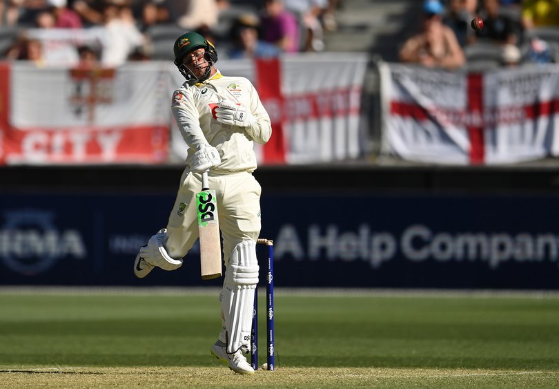 Usman Khawaja of Australia hits the ball in the air before being caught during day one of the First 2025/26 Ashes Series Test Match between Australia and England.