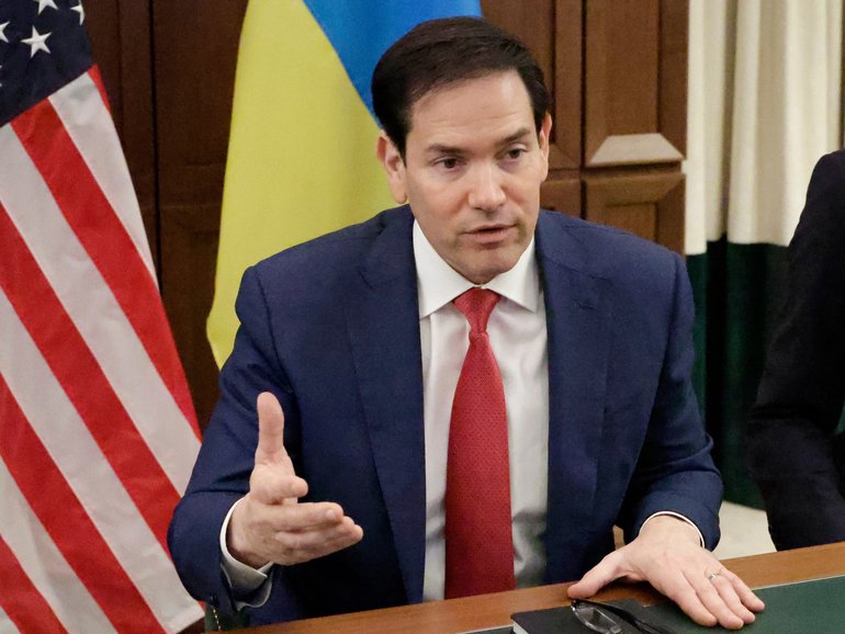 US Secretary of State Marco Rubio speaks during a meeting with Ukrainian officials.