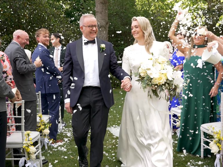 The Prime Minister Anthony Albanese and Jodie Haydon after getting married in Canberra on Saturday.