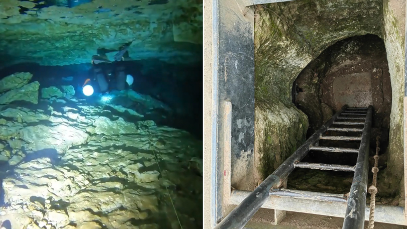 Inside Tank Cave and its entrance.