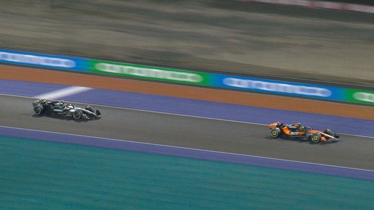 Lando Norris passes Kimi Antonelli for fourth place in the Qatar Grand Prix.